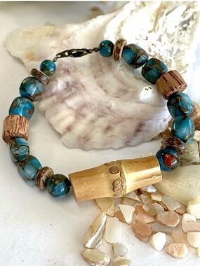Blue Copper Boulder & Bamboo Beaded Bracelet